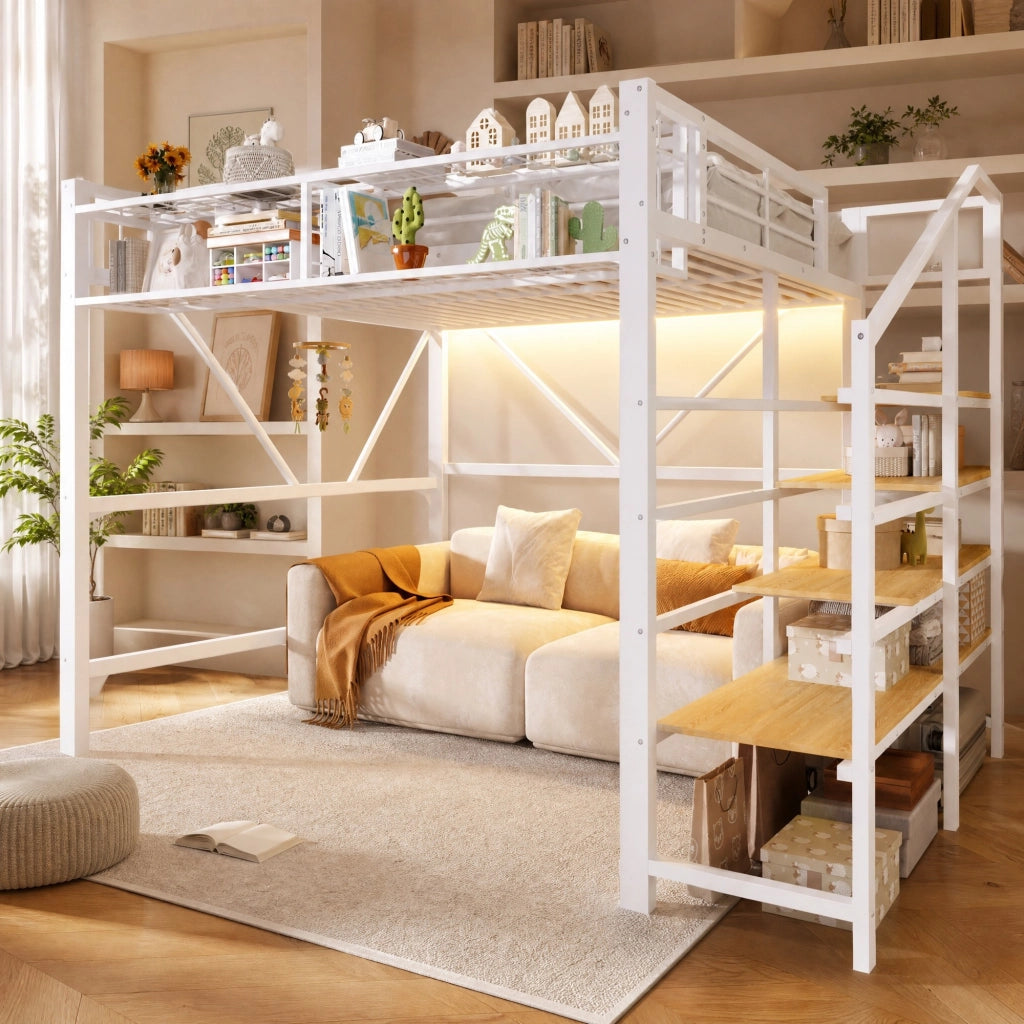 Letto a soppalco 140x200 cm in metallo e MDF con scala a ripiani; LED; bianco