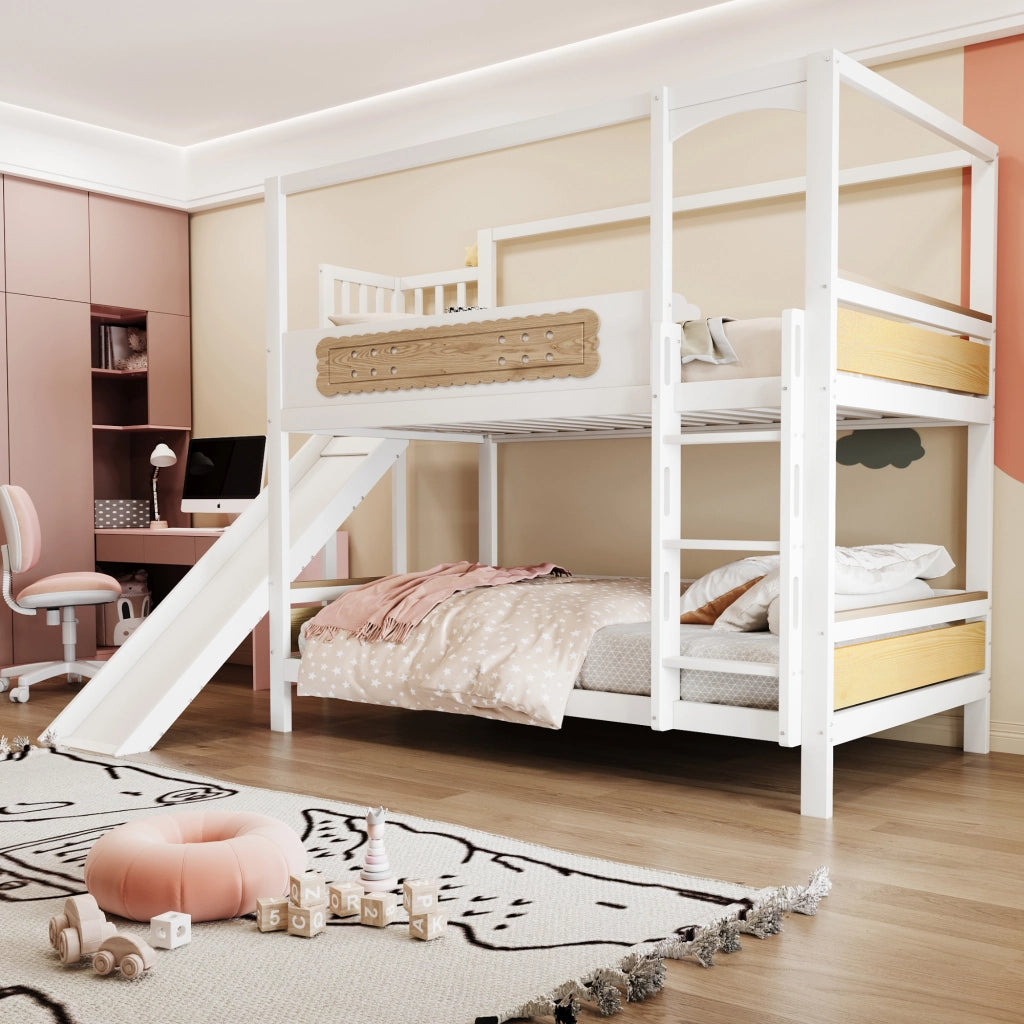OKWISH Letto a Castello 90×200 cm, Letto Singolo con Scivolo, Scala Larga e Sponde di Sicurezza, senza Materasso, Legno, Bianco