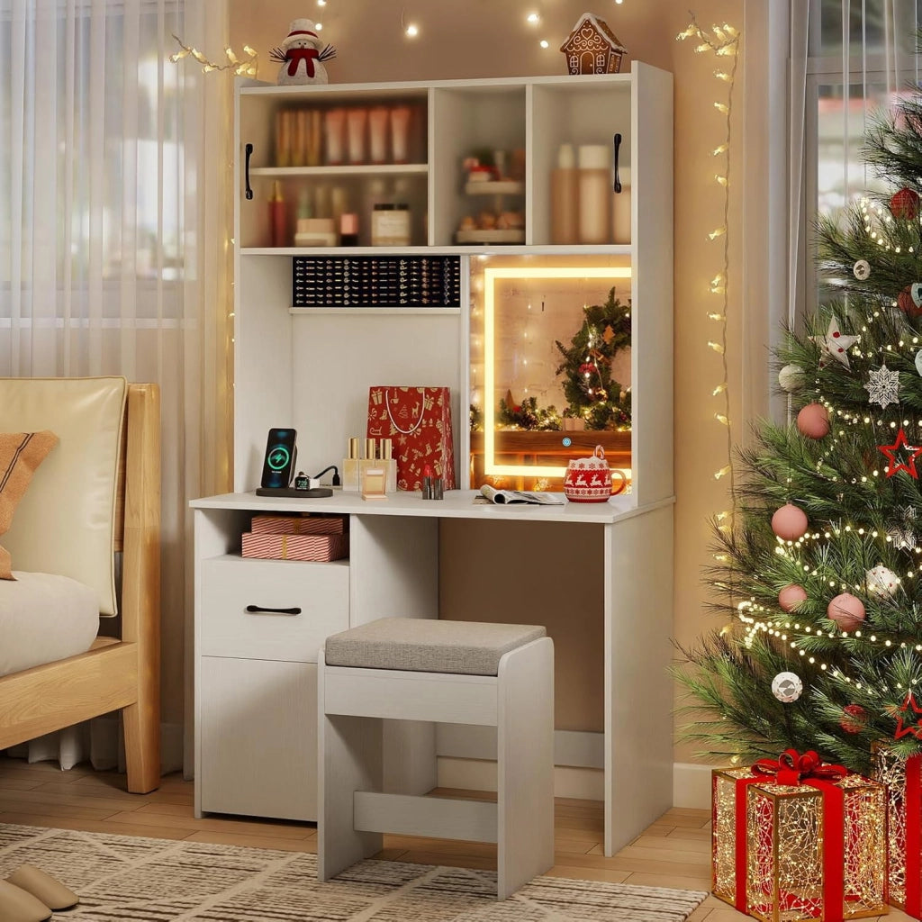 Tavolo da toeletta con illuminazione a LED e sgabello, tavolo cosmetico con presa integrata, specchio intelligente e spazio di archiviazione, tavolo da toeletta in legno