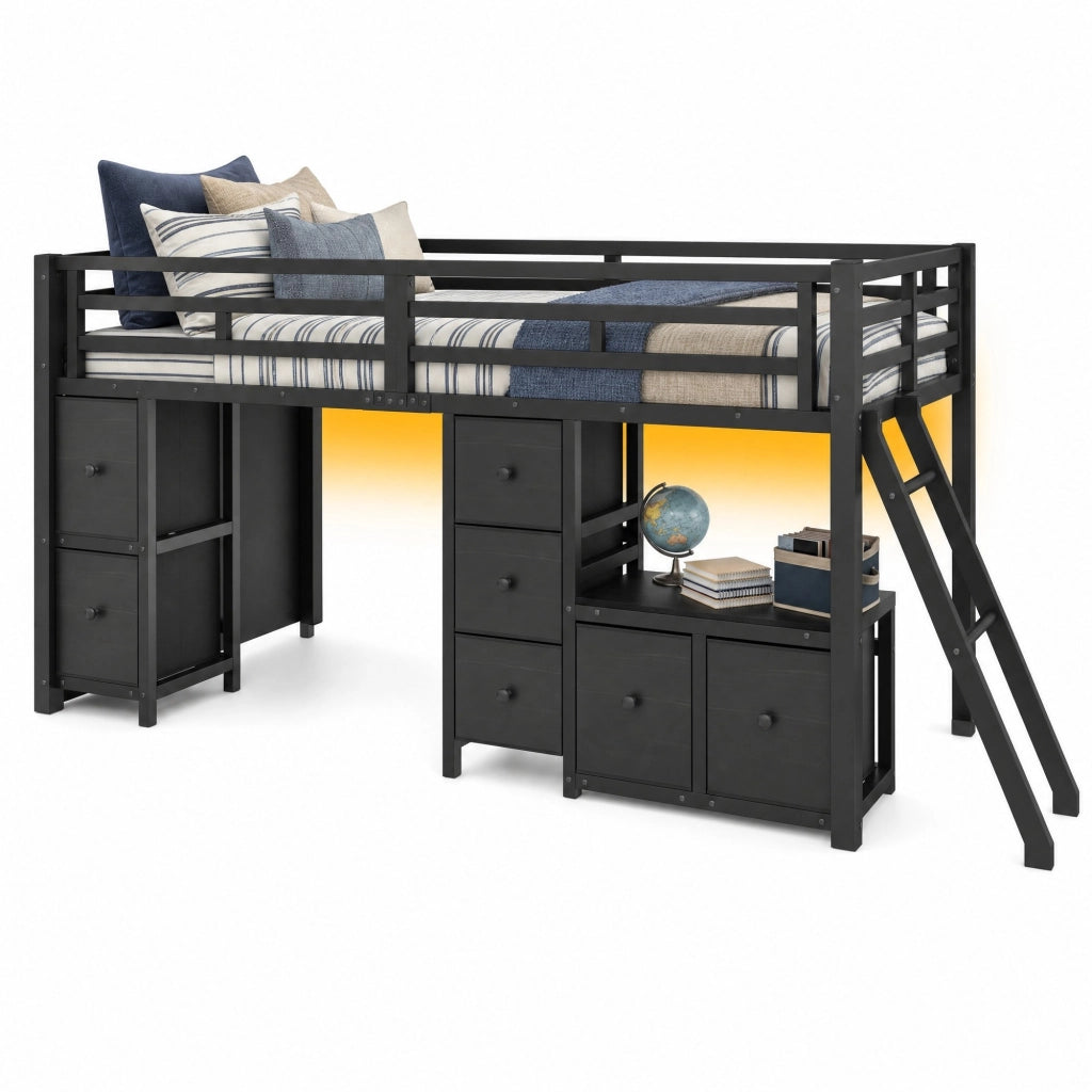 Letto a soppalco basso 90x200 cm con LED e 7 cassetti nero