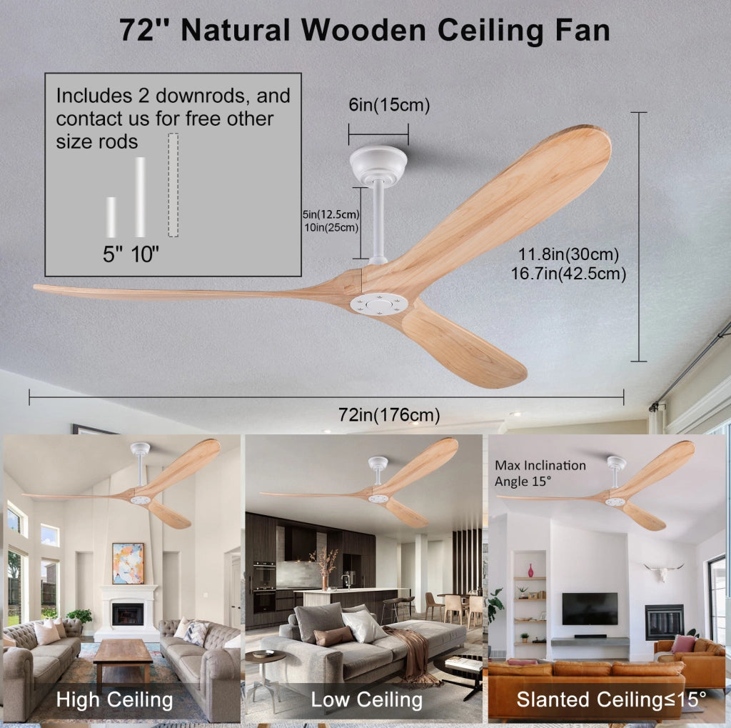 Ventilatore da soffitto senza luce con telecomando; 6 velocità; bianco e naturale