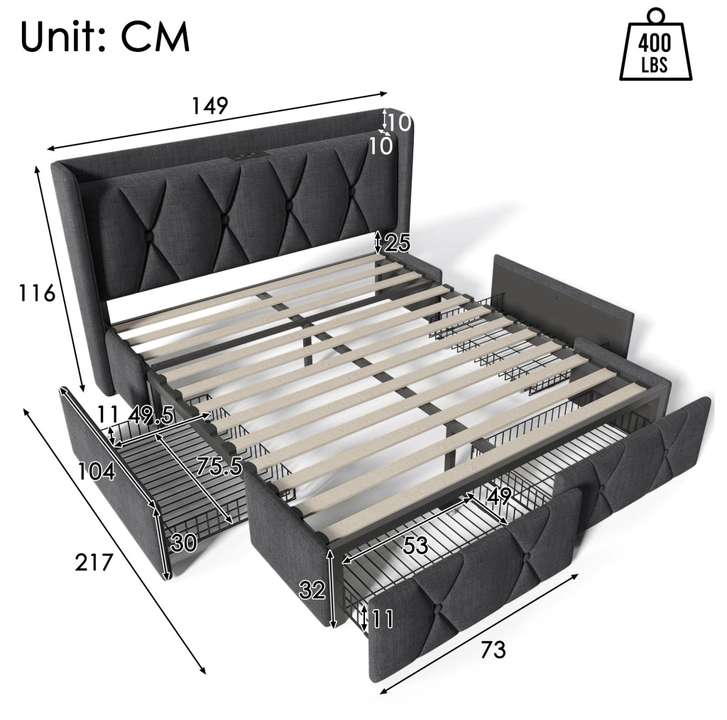 Letto contenitore matrimoniale 140x200 cm in lino grigio con 4 cassetti; prese e USB