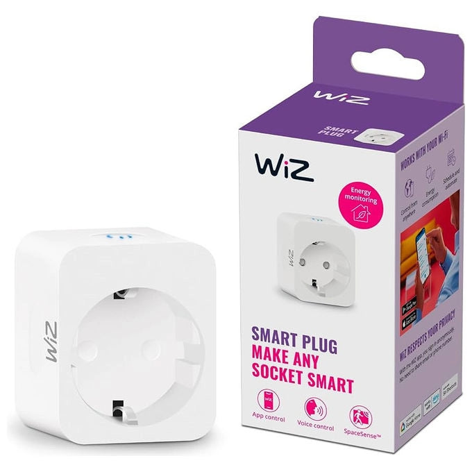 WiZ smart plug con Matter, presa intelligente Wi-Fi, controllo remoto, monitoraggio energetico, tipo F, 10 A, bianco