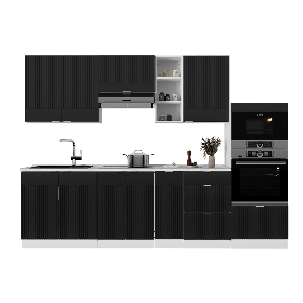 Cucina componibile Fame-Line Nero rigato/Bianco 280 cm, PL Marmo Vicco