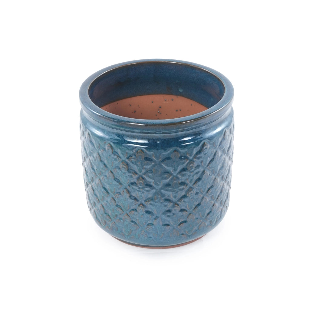 Set di 3 vasi in ceramica smaltata blu petrolio con rilievo diamantato, drenaggio e uso interno/esterno