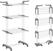 Droogrek 3-laag, pieghevole con 2 pale di rotazione, altezza 178 cm, gambe pieghevoli, asciugamani 3 livelli con ruote per risparmiare spazio per casa, balcone e giardino (grigio)