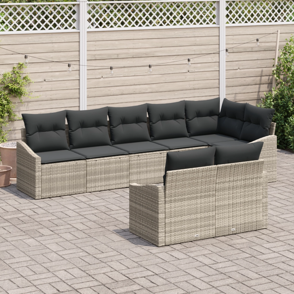 Set da Pranzo da Giardino 8 Pezzi con Cuscini Grigio Chiaro in Polyrattan