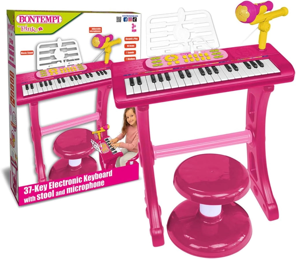 MiniKeyFun - Tastiera Giocattolo a 37 Tasti per Piccoli Musicisti con Microfono, Sgabello e Leggio, Rosa, 54,4x32,9x15,9