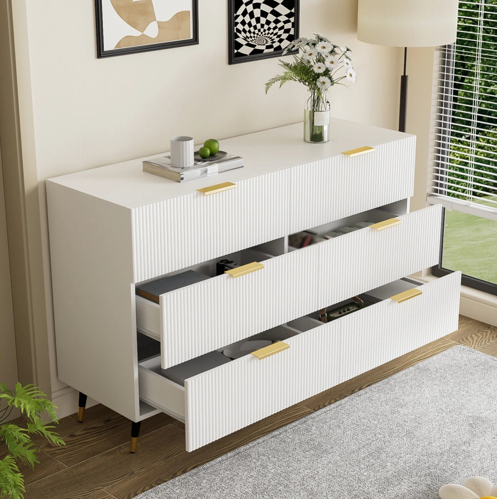 Sideboard bianco e oro con 6 cassetti, design moderno 120x77x40 cm