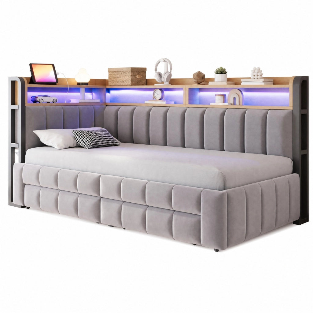 Letto imbottito trasformabile 90x200 cm in 180x200 cm con contenitore, LED, USB e Type-C, velluto grigio chiaro