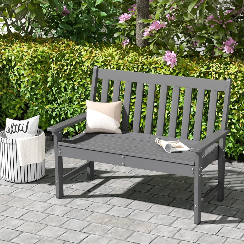 Panca da Giardino per 2 Persone in Plastica con Schienale Alto, Panca da Esterno Resistente alle Intemperie, Ideale per Parco, Patio e Terrazza, Grigio, 132 x 65 x 91 cm