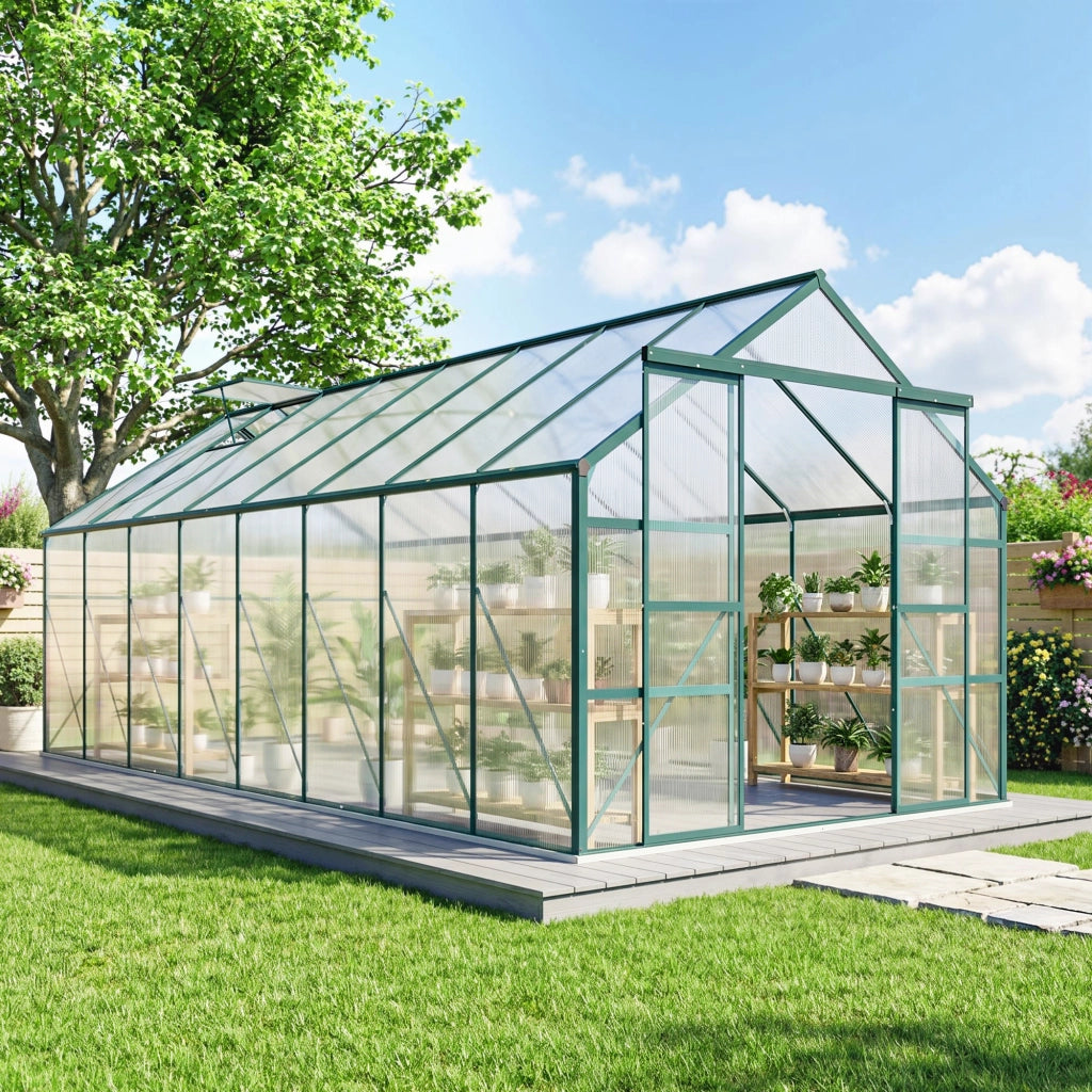 Serra da Giardino in Policarbonato e Alluminio Antivento ¨C Zephmum ¨C Verde 244x500x216cm