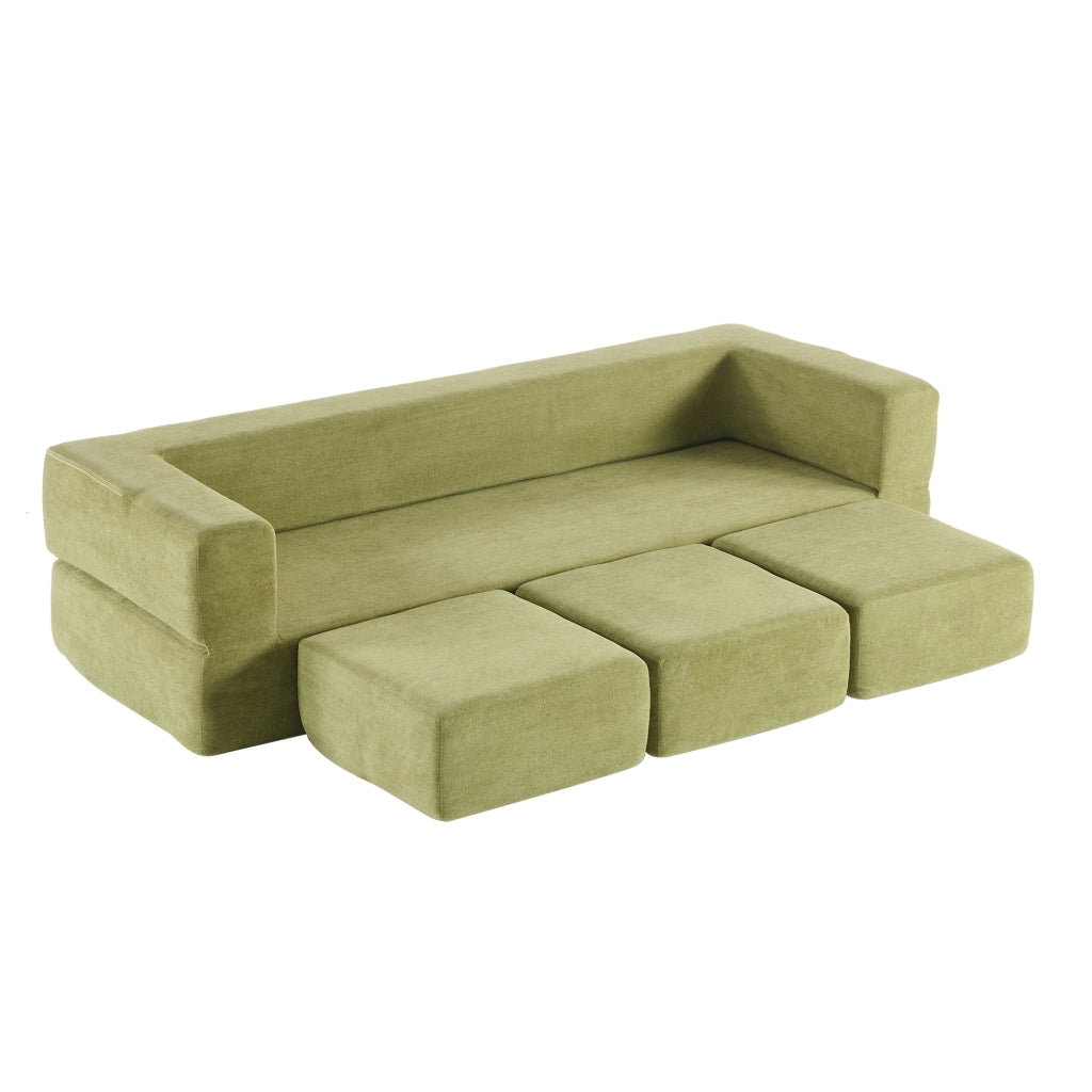 Divano letto modulare pieghevole con funzione letto e moduli componibili in ciniglia verde