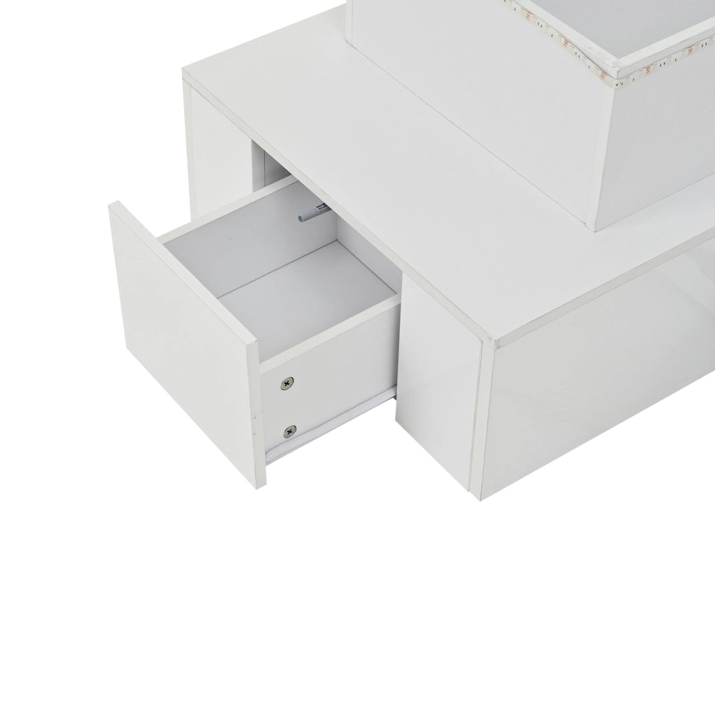 Tavolino da salotto elevabile 100x50x40 cm in MDF bianco lucido con LED e 4 cassetti