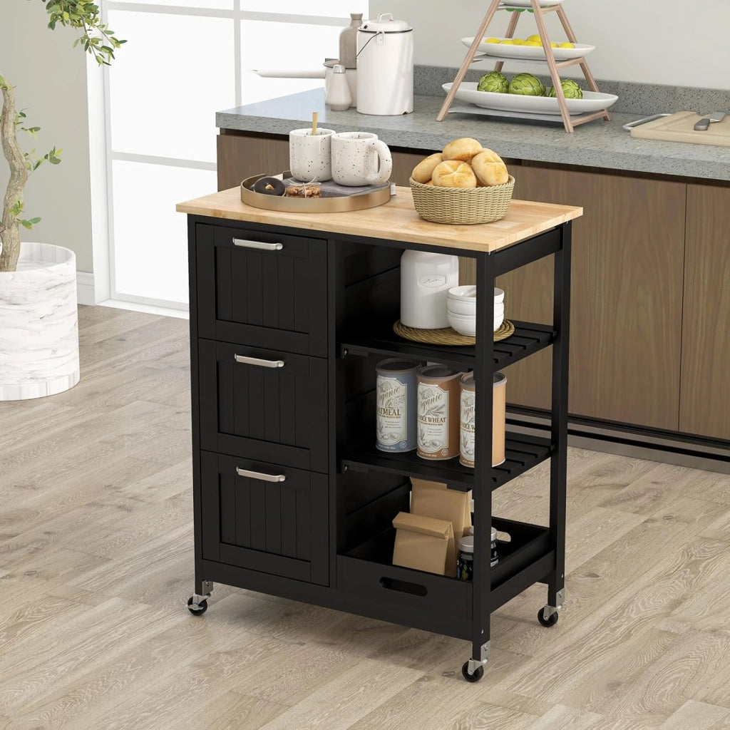 Carrello di Servizio con 4 Ripiani, Scaffale da Cucina con Rotelle, Mobiletto Cucina Salvaspazio con 3 Grandi Cassetti, 67x37x83,5 cm, 2 Colori (nero)