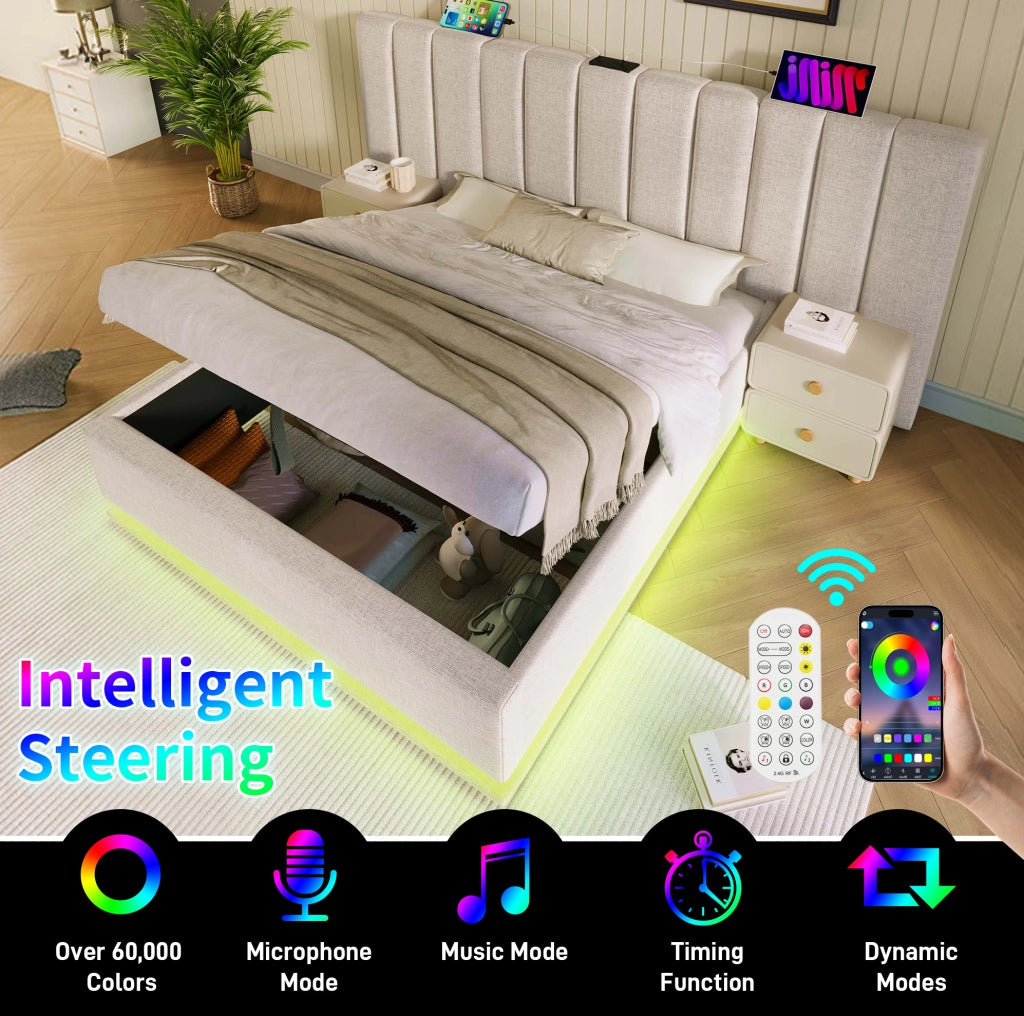 Letto matrimoniale imbottito 160x200 cm con contenitore; LED 360°; porte USB e Type-C; beige