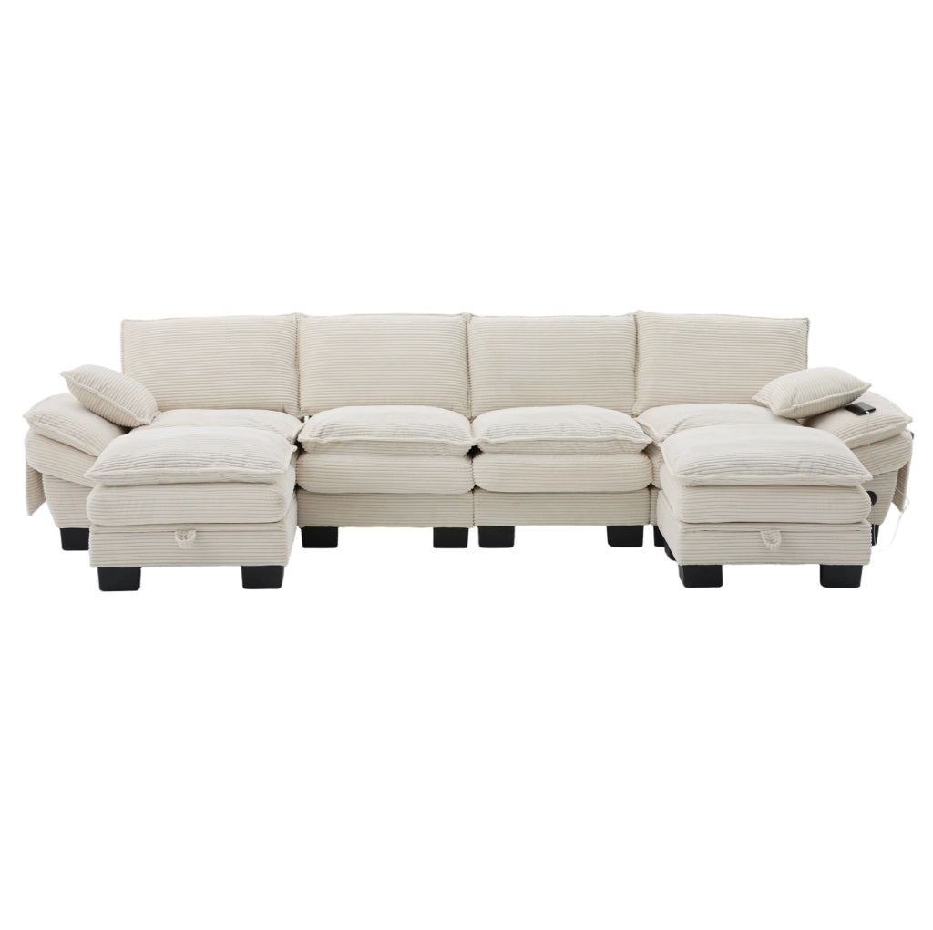 Divano modulare 4 posti in corduroy beige con 2 pouf; USB-C e tasche laterali 330 cm