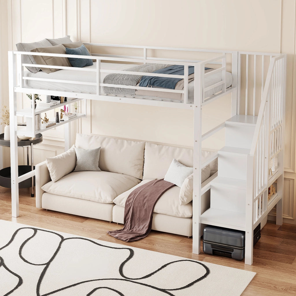 Letto a castello bianco in metallo con funzione di stoccaggio 90x200 cm