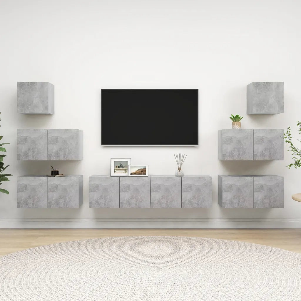 Set di Mobili Porta TV 8 pz-Set di 8 Credenza per TV Grigio Cemento in Legno Multistrato 392050