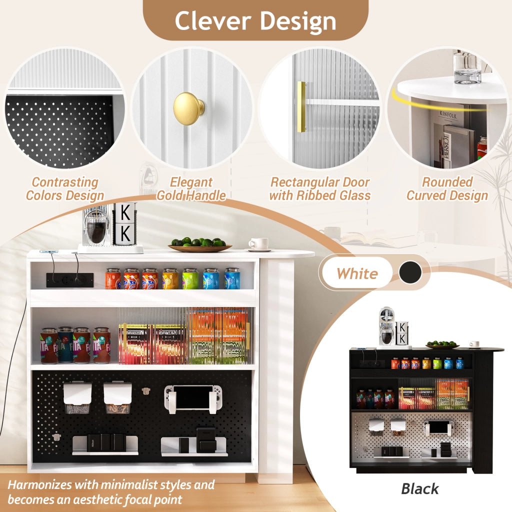 Mobile Bar Estensibile e Girevole con Vani Contenitori; LED e Porte USB e Type C per Cucina; MDF; Bianco; 120 x 50 x 95;5 cm
