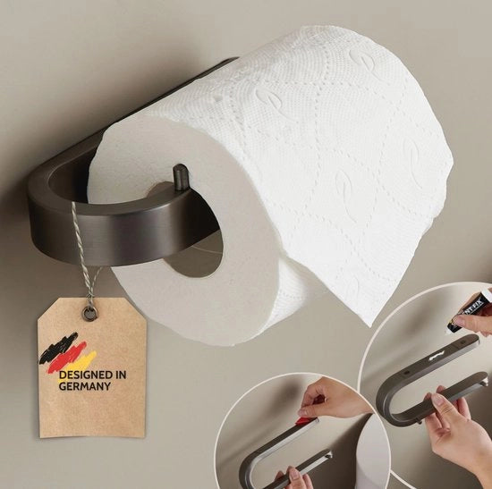Sostegno per carta igienica senza foratura, acciaio inossidabile, grigio, contenitore per rotoli wc con adesivo resistente