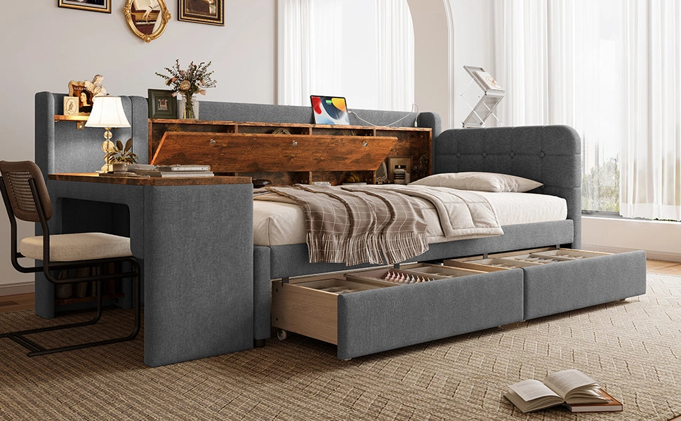 DESMIU Letto banquette 90 × 200 cm 1 piazza con 2 cassetti, scrivania, USB, Type-C e vano, senza materasso, grigio