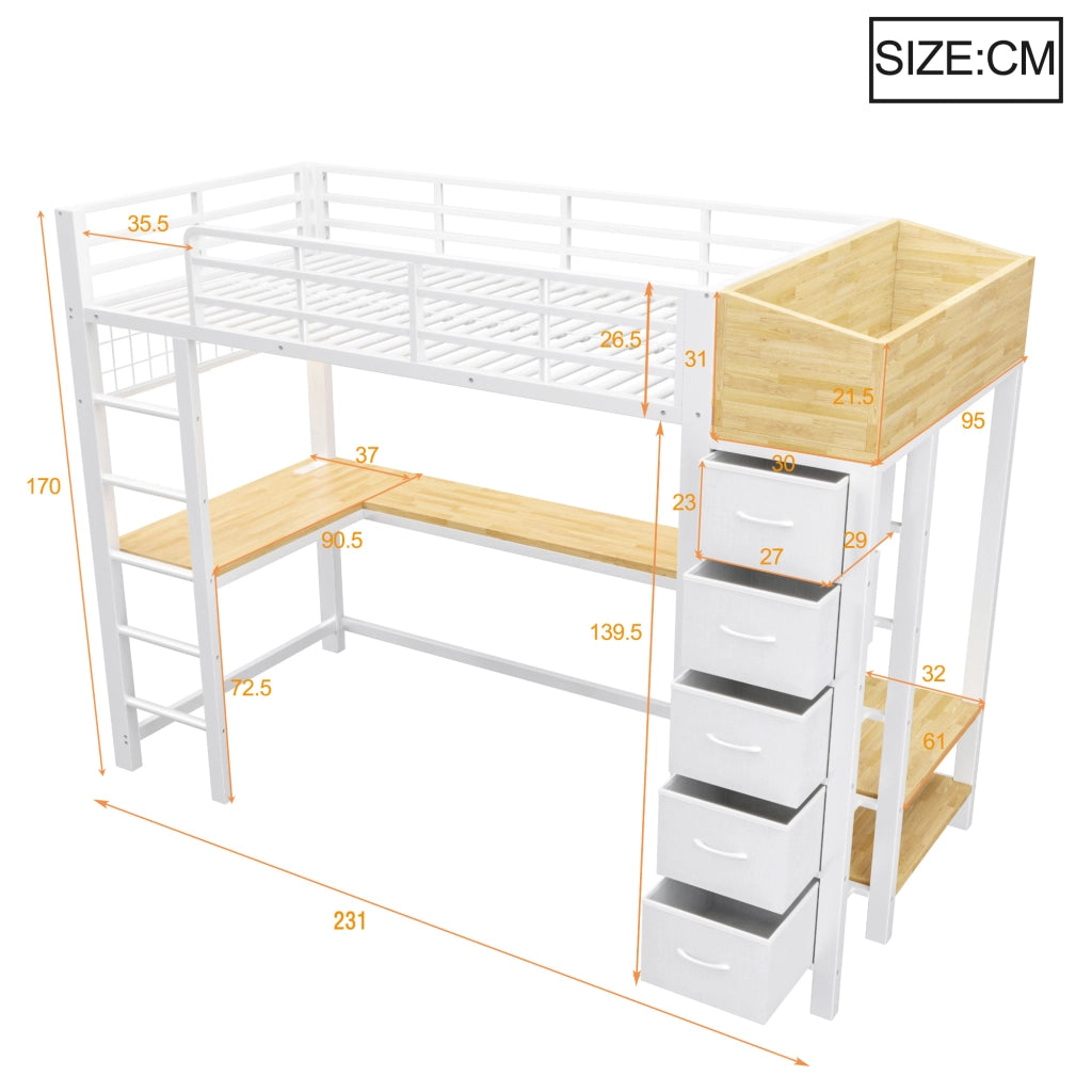 Letto a soppalco 90 × 200 cm con scrivania gaming, USB e Type-C, LED, 5 cassetti, senza materasso, bianco
