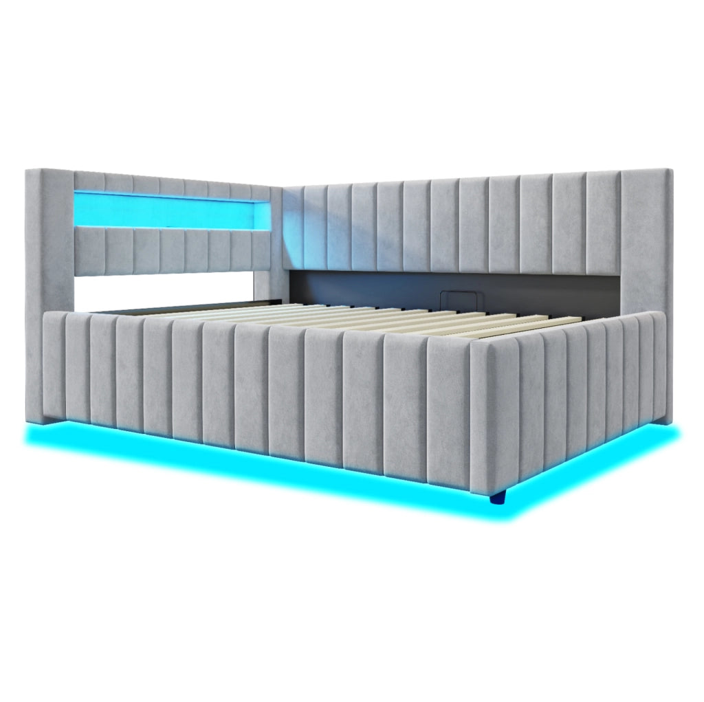Letto imbottito 140x200 cm con contenitore idraulico; LED e USB; velluto grigio (Senza materasso)