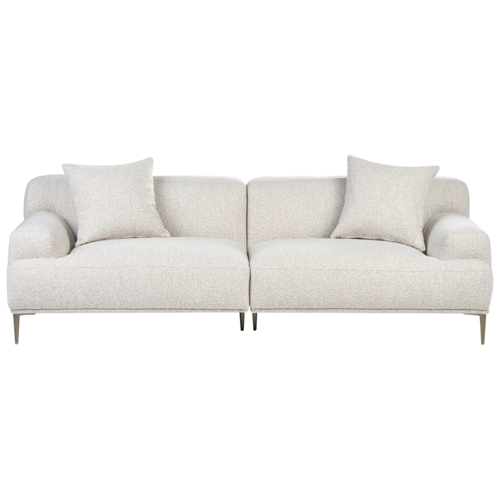 Divano a 3 posti in tessuto bouclé color bianco sporco stile moderno con gambe in metallo
