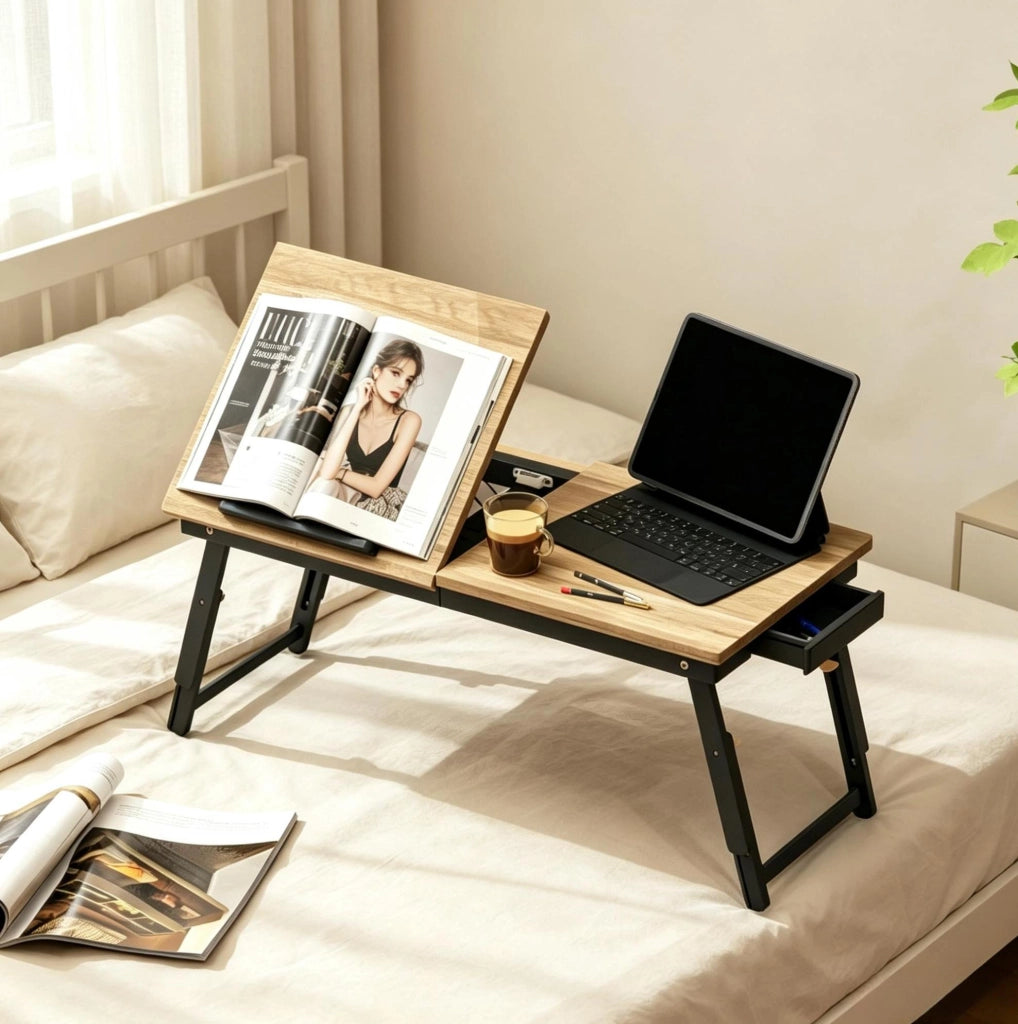 Tavolino per laptop pieghevole regolabile con cassetto; bambù e MDF; rovere e nero