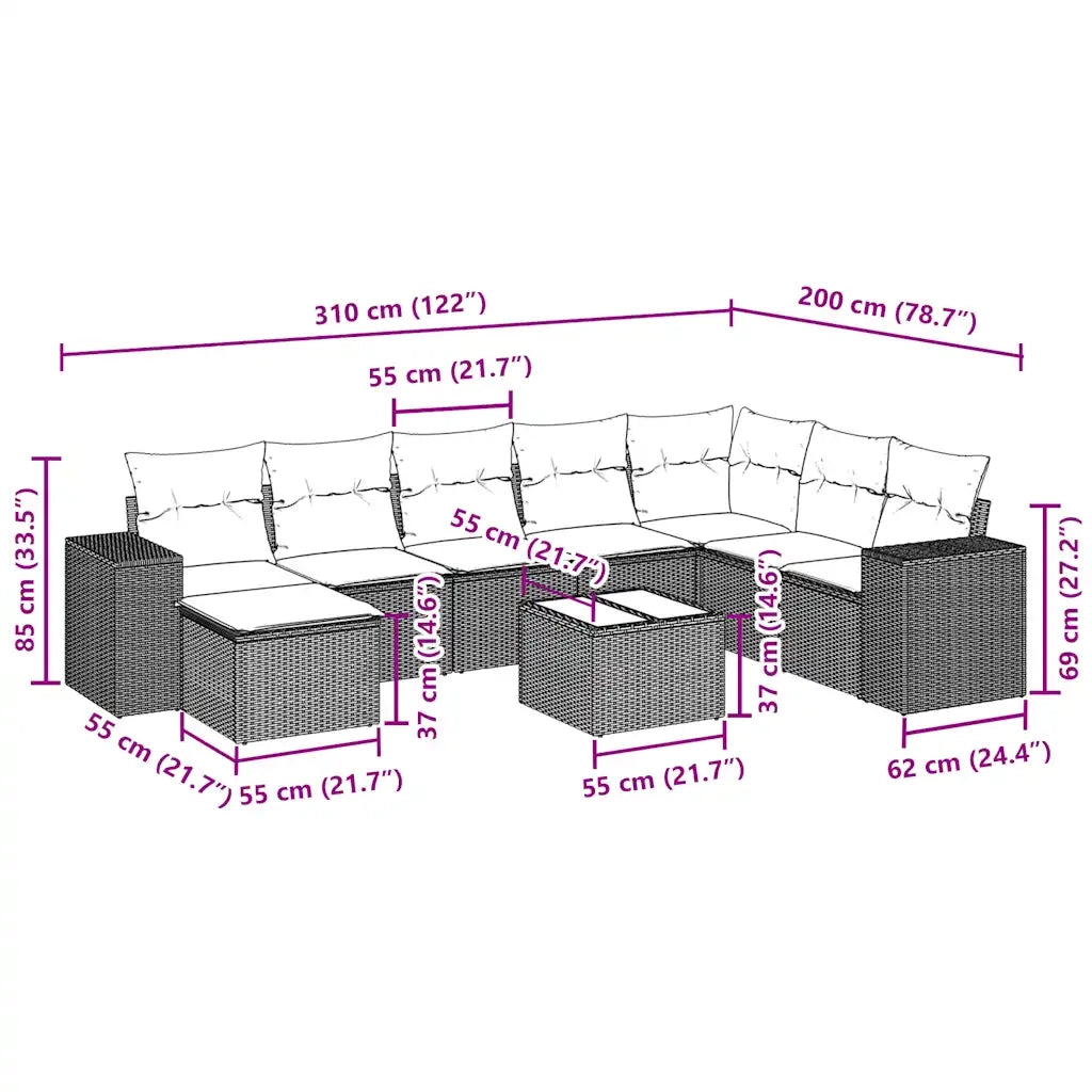 Set Divani da Giardino 9 pz con Cuscini Nero in Polyrattancod mxl 113203