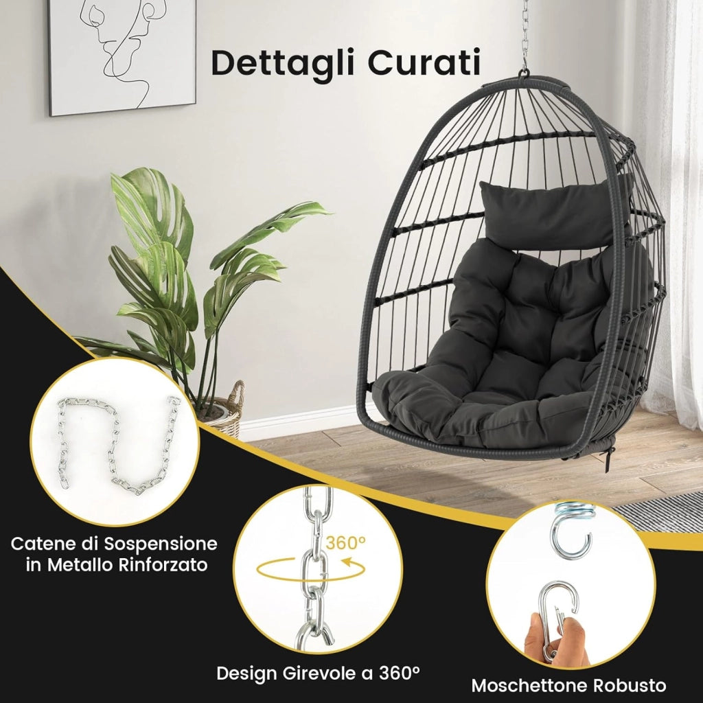 Sedia Sospesa a Uovo, Sedia Amaca con Cuscino per Testa e Seduta, Sedia a Dondolo in Vimini da Interno/Esterno, Design Pieghevole Salvaspazio, Capacità 150 kg