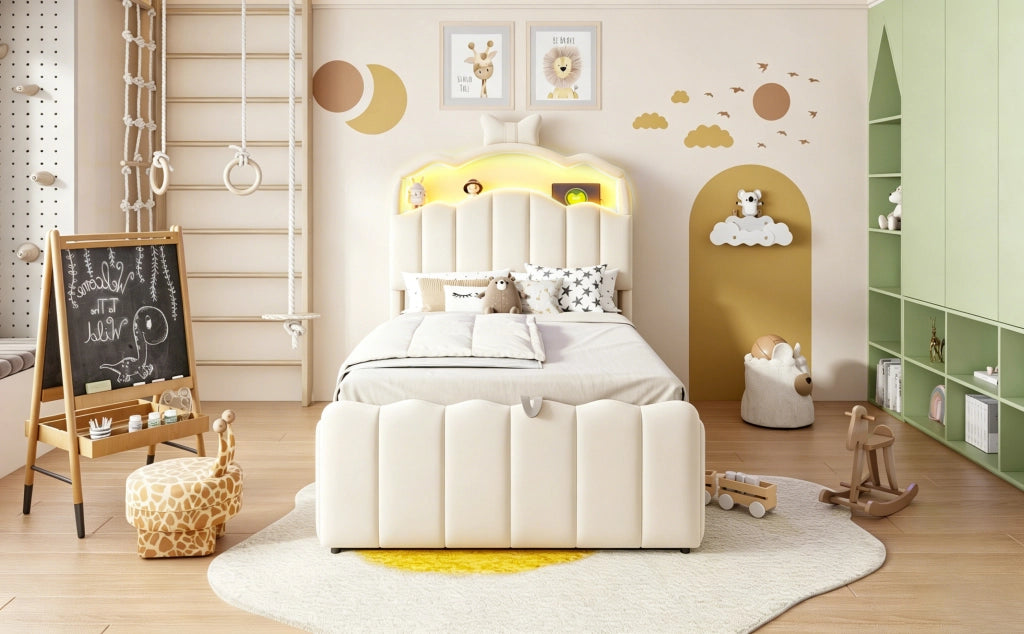 DESMIU Letto per bambini 90 × 200 cm con contenitore idraulico, LED, USB e USB-C, senza materasso, beige
