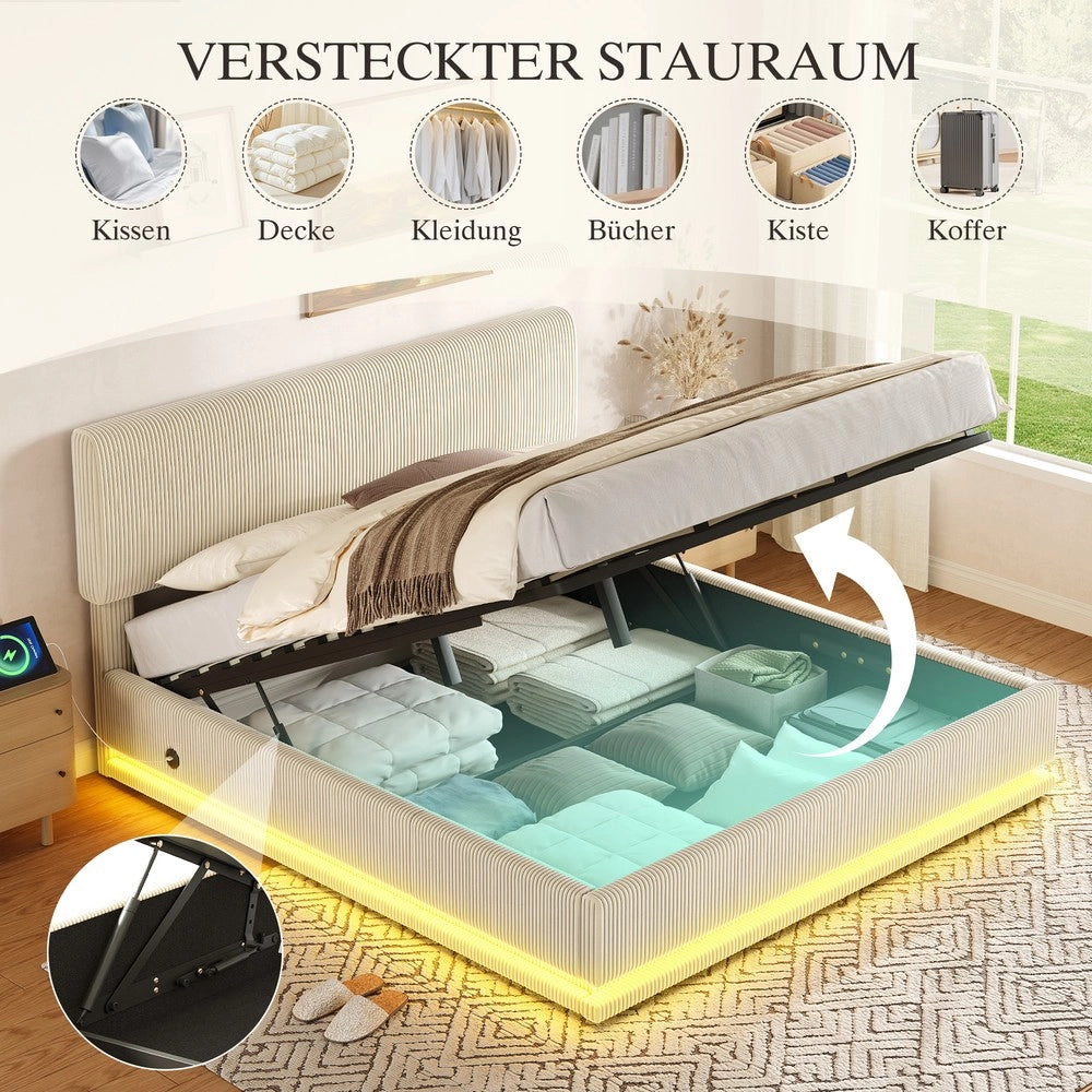 Letto Imbottito con LED, USB-C, Testiera Regolabile e Contenitore ¨C MINIMAL ¨C Velluto a Coste Beige 140x200
