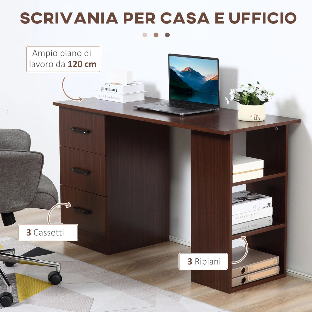 Scrivania per Ufficio con 3 Cassetti e 3 Ripiani in Legno ¨C Xylo ¨C Noce 120x49x72cm