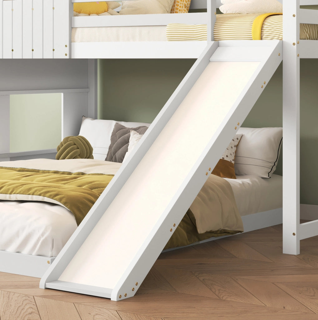 Letto a castello bianco con scivolo e casetta, 90x200 cm e 140x200 cm