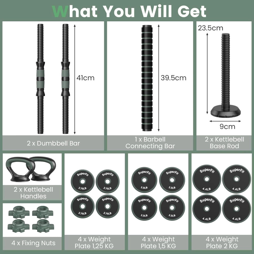 Manubri Regolabili 4 in 1, Set Pesi Palestra Casa, Include Manubri, Bilancieri, Kettlebell, Flessioni, per Ufficio, Allenamento della Forza, Fitness, per Uomini e Donne, Nero+Verde