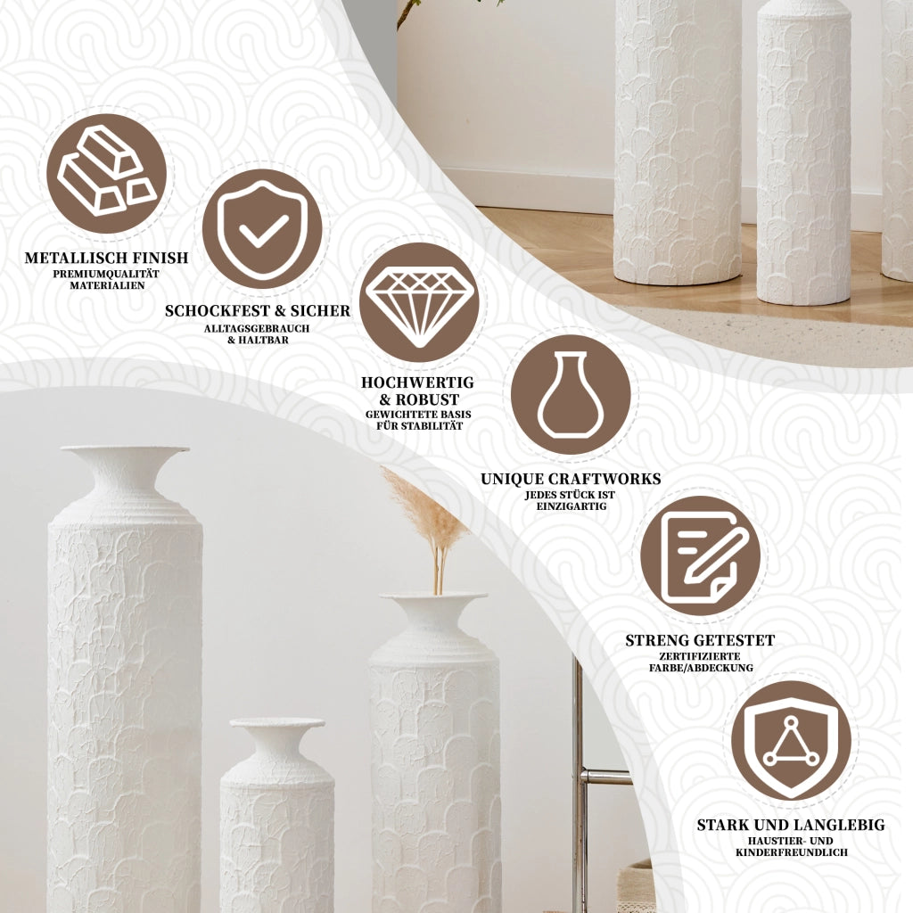 Vaso da pavimento set da 3 con texture in rilievo in metallo bianco per soggiorno, ingresso e corridoio