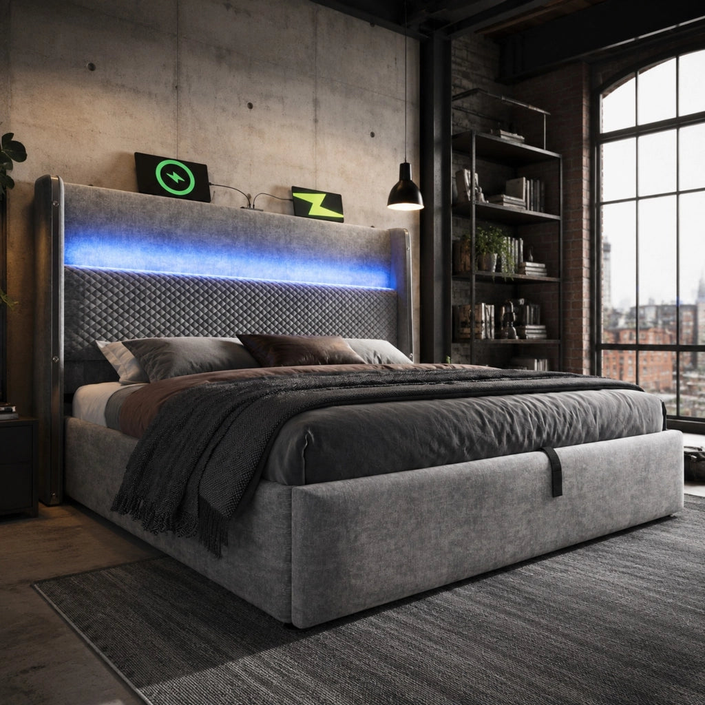 Letto matrimoniale idraulico 180x200 cm con testiera alta, LED, presa USB/Type-C e contenitore, grigio