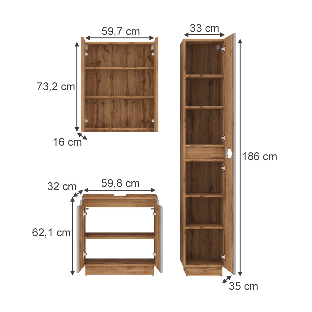 Vicco Set di mobili da bagno Rovere/grigio a righe 3 parti