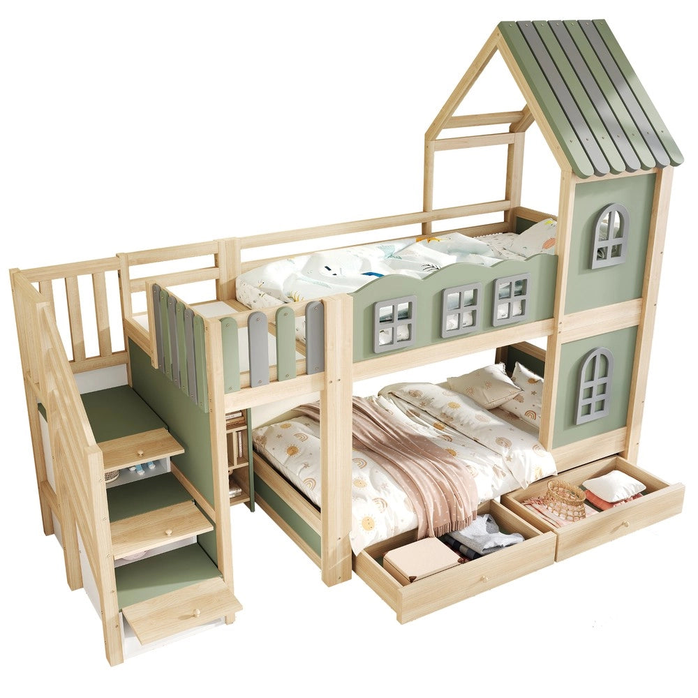 Letto a castello per bambini ¨C Minimal ¨C 90x200 cm in legno verde con cassetti e mensole