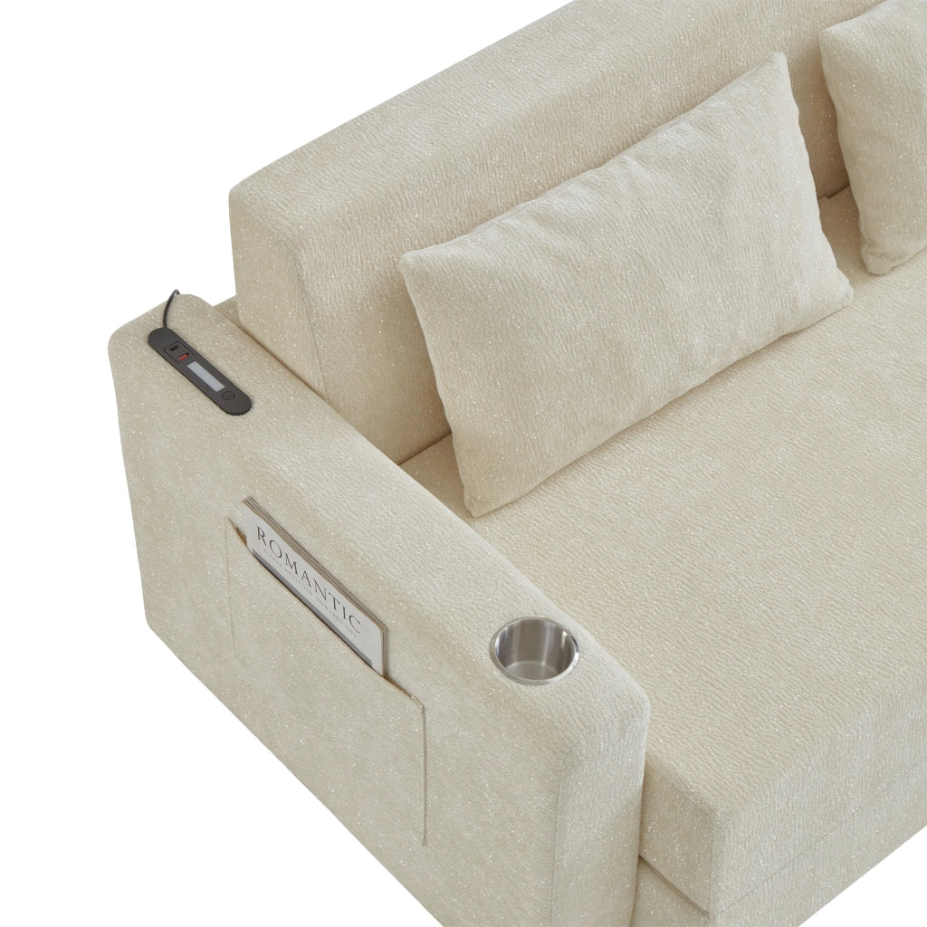 Divano letto 2 in 1 pieghevole in Chenille beige, USB, portabicchieri e tasche