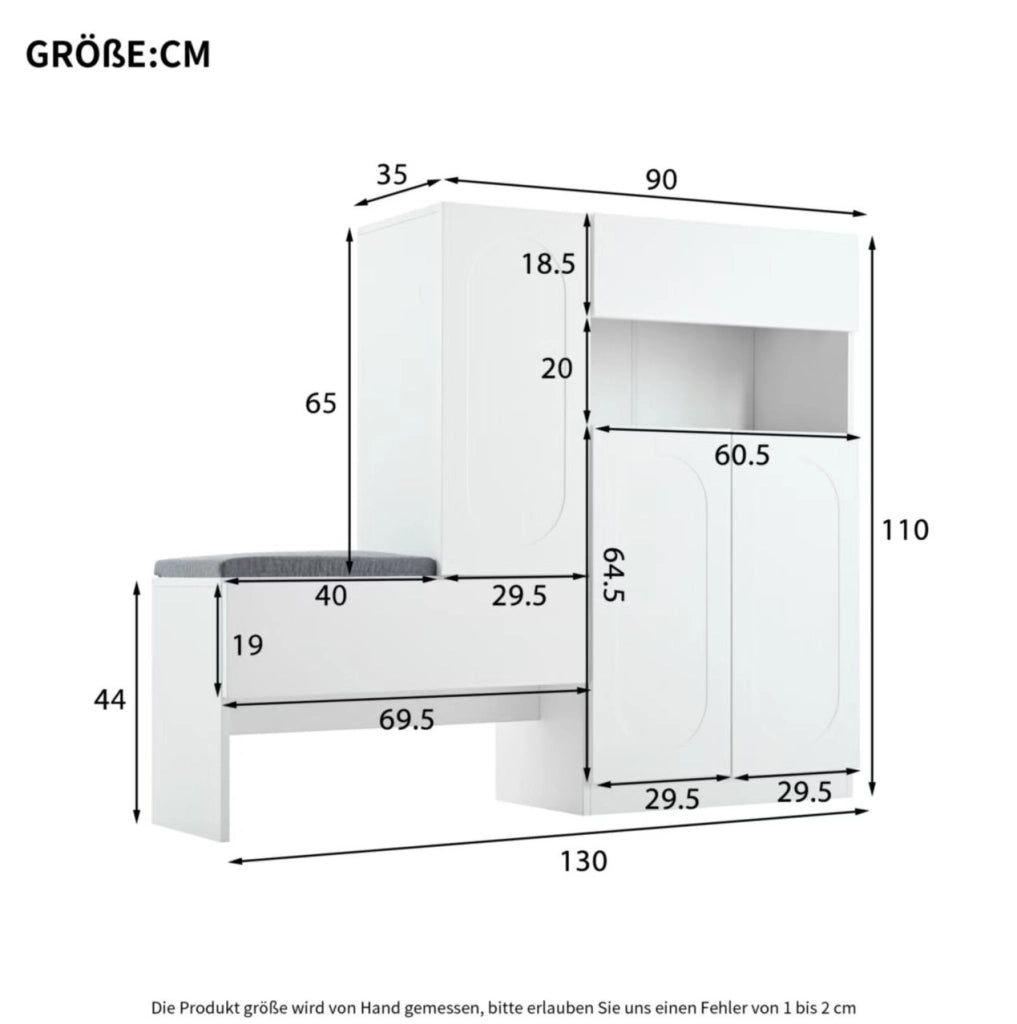 Scarpiera con panca 2 in 1 con ante curve; 130x35x110 cm; bianco; in truciolare
