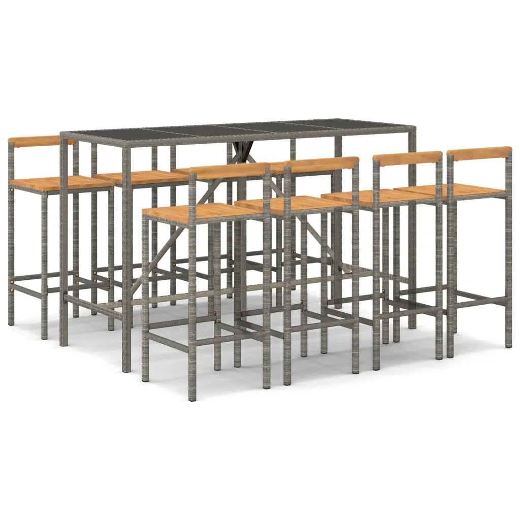 Set Bar Giardino 9pz Grigio Polyrattan e Legno Massello Acacia 3187697