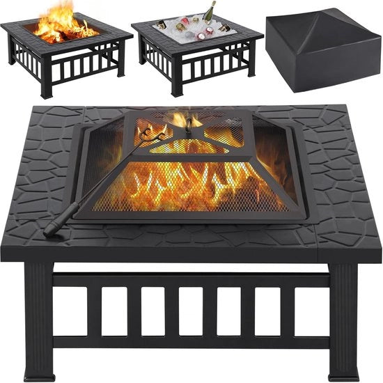 Vasca da Fuoco con Schermo a Fiamma - Vasca da Fuoco - Focolare con Coperchio - Focolare Quadrato per Terrazzo - Focolare Aperto - Vetrina da Fuoco - Focolare a Piedi - Caminetto - Esterno - 81 x 81 x 36,5 cm