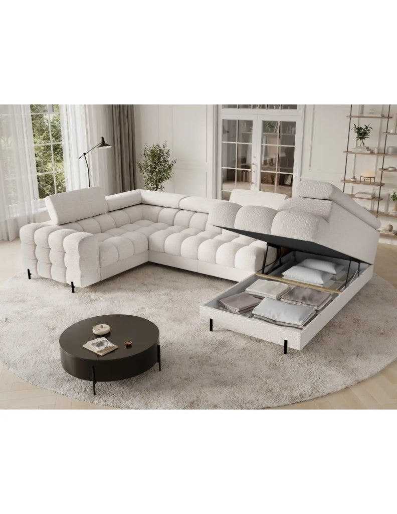 Divano panoramico convertibile FACTORY 3 posti beige – angolo destro con contenitore – versione 5