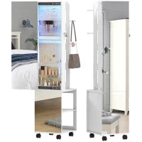 Specchio Porta Gioielli con Luci LED Armadio per Gioielli a Giro di 360° Serratura e Chiavi Superficie Bianca e Rivestimento Beige