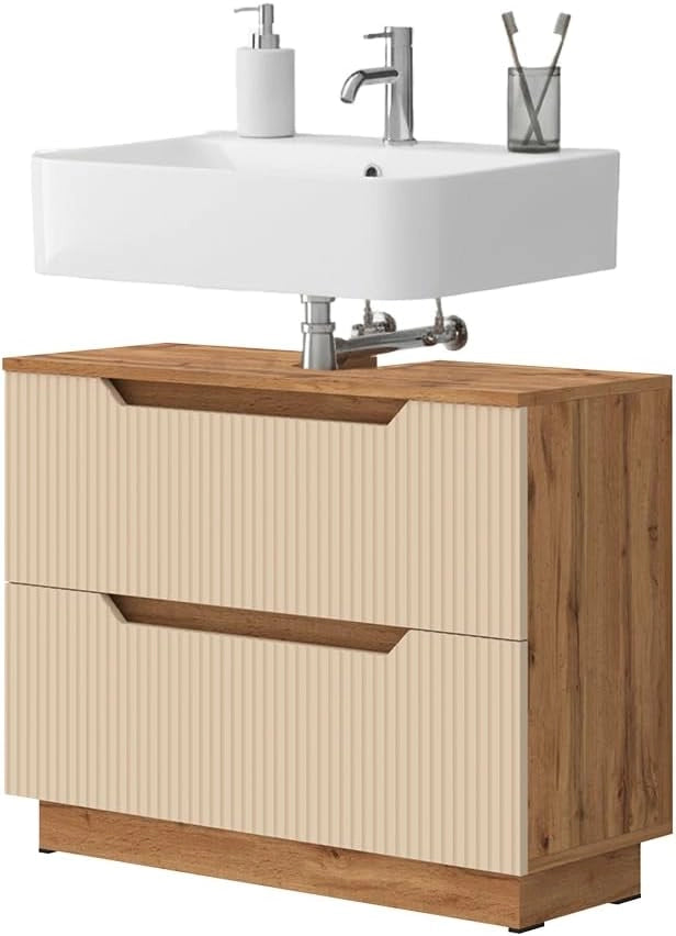 Mobile sottolavabo per bagno Lotta, Rovere/cashmere a righe, 79.6 x 62.5 cm con 2 cassetti