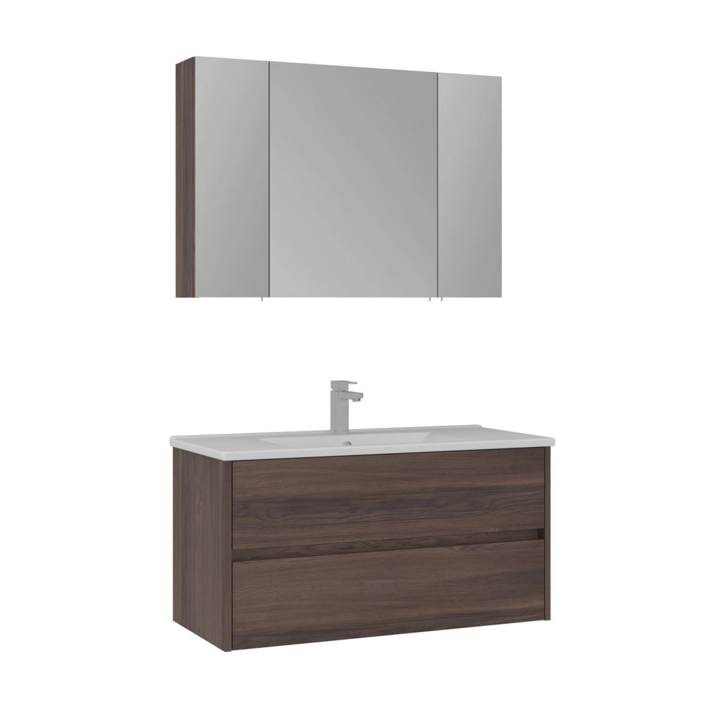 Set mobile lavabo con specchio (2 pezzi) "Side 100 v3" - 100 x 16 x 52 cm - Noce