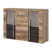 Buffet BRAZZA 2 porte 4 cassetti – Finitura noce satinato – Nicchie aperte e vetrine – 132 cm
